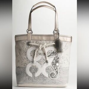 Coach Audrey Canvas Leigh Limited Edition Tote Bag with Beaded Seahorse in Cream